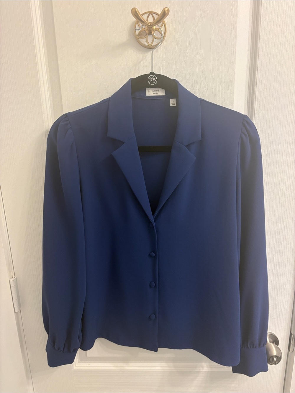 Aritzia Wilfred Navy Button-Front Puff Shoulder Blouse